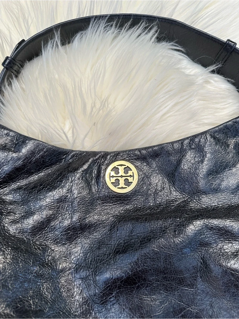 Tory Burch Black Leather Shoulder Hobo with Gold Logo